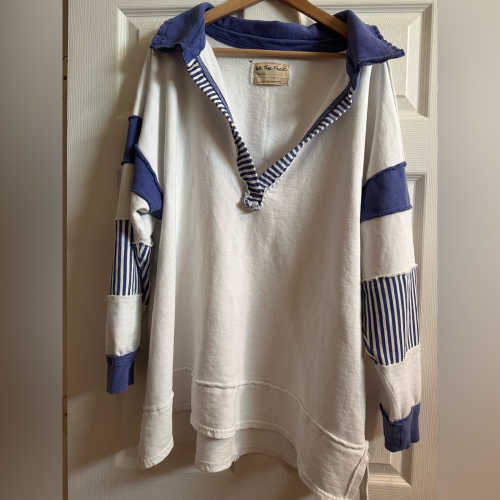 Free People White and Blue Striped Hoodie